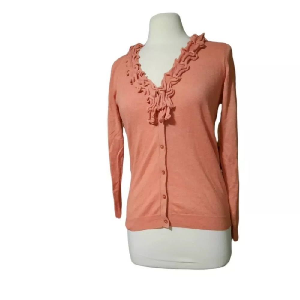 Talbots S Button Front Ruffle Neck Sweater Blouse Cardigan Coral Woman P… - Picture 2 of 5